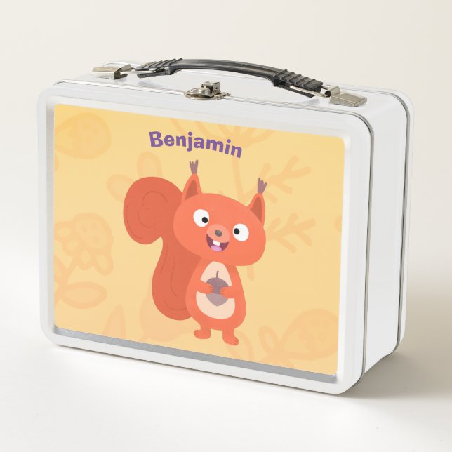 Happy cute red squirrel cartoon illustration metal lunch box (Front)