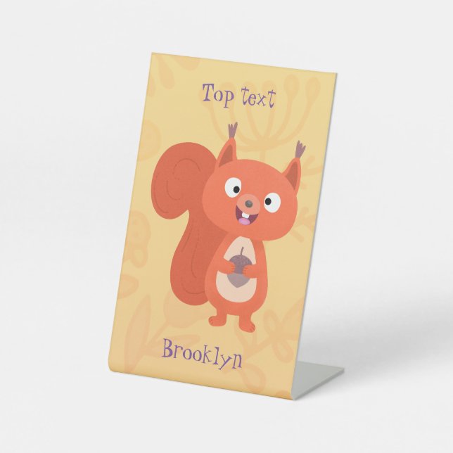 Happy cute red squirrel cartoon illustration pedestal sign (Front)