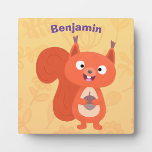 Happy cute red squirrel cartoon illustration plaque