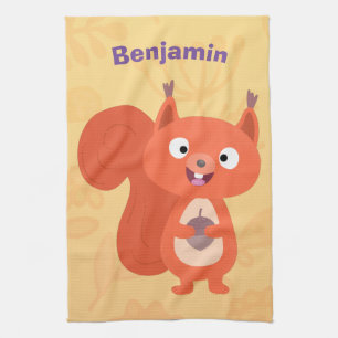 Happy cute red squirrel cartoon illustration tea towel