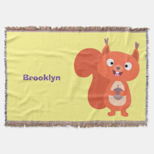 Happy cute red squirrel cartoon illustration throw blanket