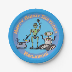 Happy cute robots cartoon birthday paper plate