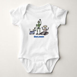 Happy cute robots trio cartoon baby bodysuit