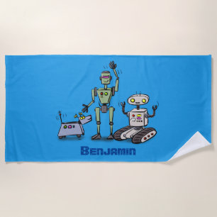 Happy cute robots trio cartoon beach towel