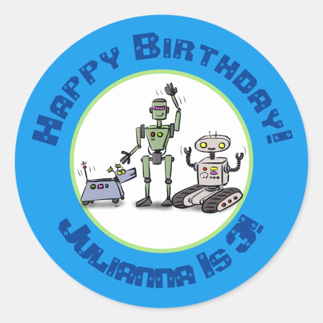 Happy cute robots trio cartoon classic round sticker (Front)