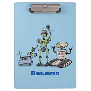Happy cute robots trio cartoon clipboard