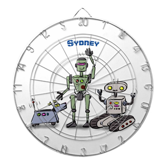 Happy cute robots trio cartoon dartboard (Front)
