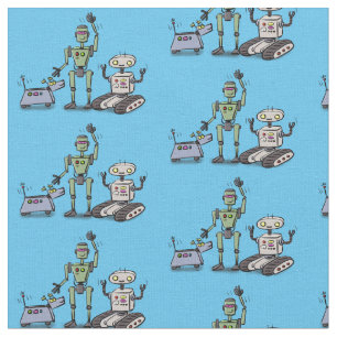 Happy cute robots trio cartoon fabric