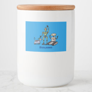 Happy cute robots trio cartoon food label