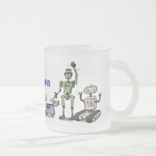Happy cute robots trio cartoon frosted glass coffee mug