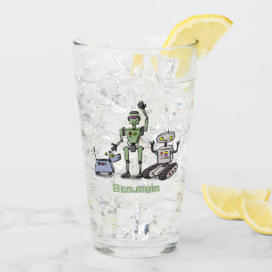 Happy cute robots trio cartoon glass