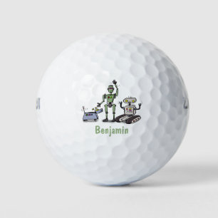 Happy cute robots trio cartoon golf balls
