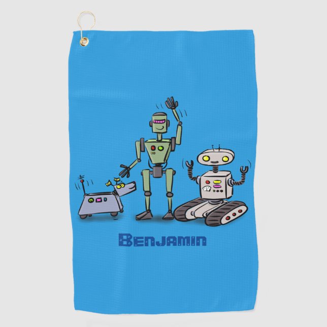 Happy cute robots trio cartoon  golf towel (Front)