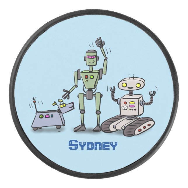 Happy cute robots trio cartoon hockey puck (Front)