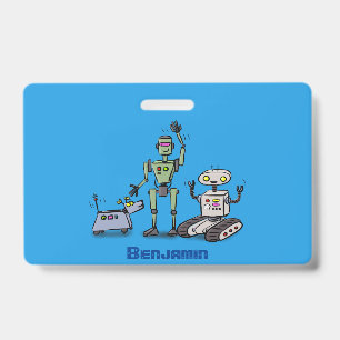 Happy cute robots trio cartoon ID badge