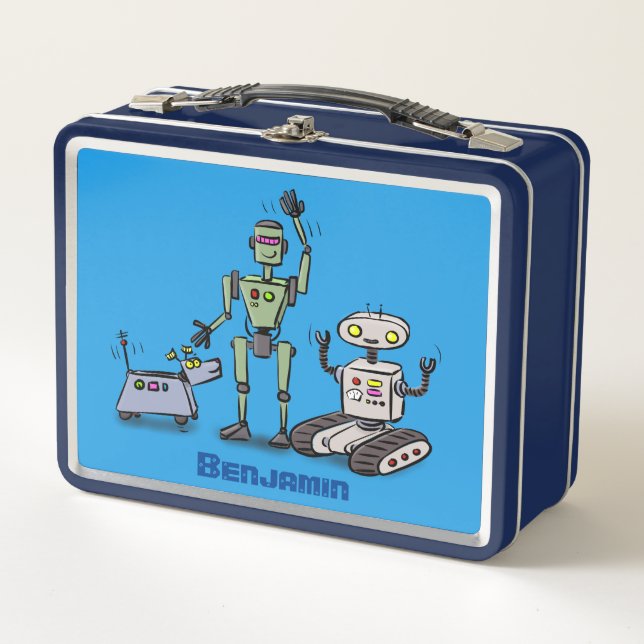 Happy cute robots trio cartoon metal lunch box (Front)