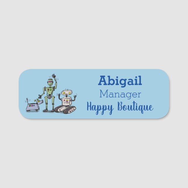 Happy cute robots trio cartoon name tag (Front)