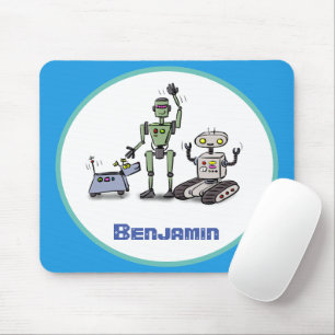 Happy cute robots trio cartoon on blue background mouse mat