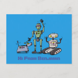 Happy cute robots trio cartoon on blue background postcard
