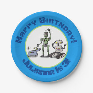 Happy cute robots trio cartoon paper plate