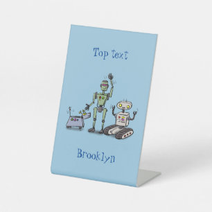 Happy cute robots trio cartoon pedestal sign