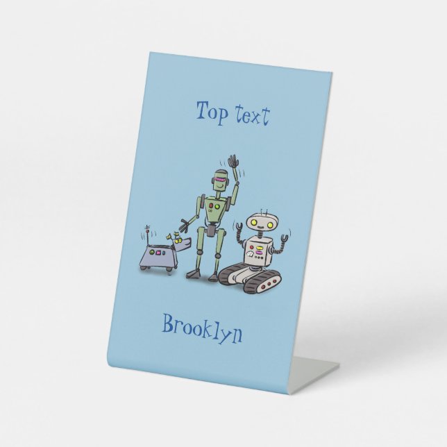 Happy cute robots trio cartoon pedestal sign (Front)