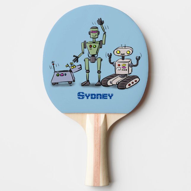 Happy cute robots trio cartoon ping pong paddle (Front)