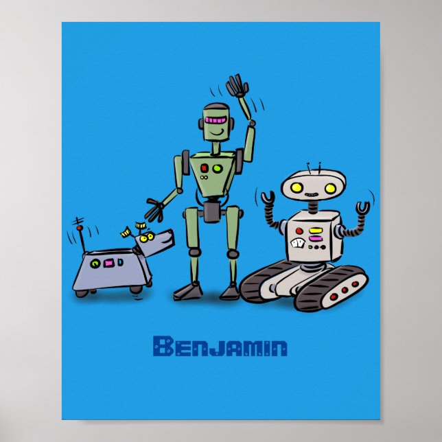 Happy cute robots trio cartoon poster (Front)