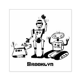 Happy cute robots trio cartoon rubber stamp