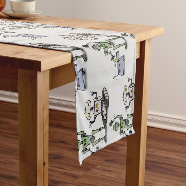 Happy cute robots trio cartoon short table runner (In Situ)