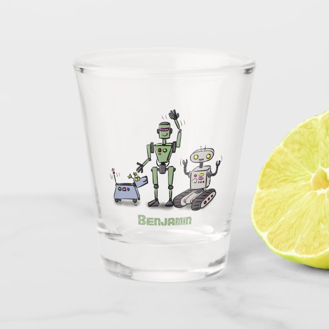 Happy cute robots trio cartoon shot glass (Front)
