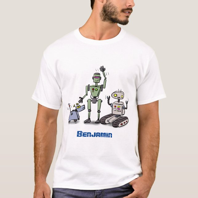 Happy cute robots trio cartoon T-Shirt (Front)
