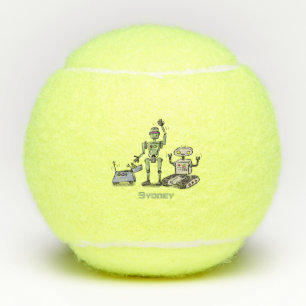 Happy cute robots trio cartoon tennis balls