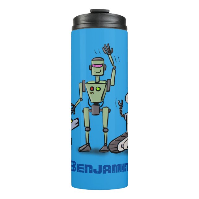 Happy cute robots trio cartoon thermal tumbler (Front)