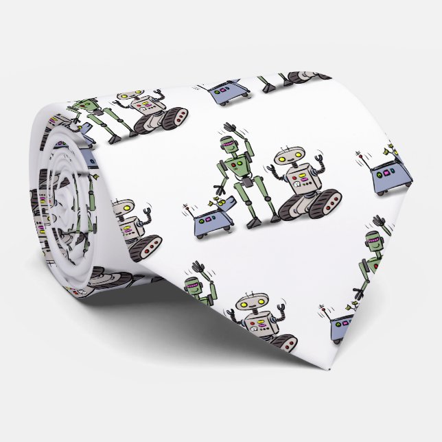 Happy cute robots trio cartoon tie (Rolled)