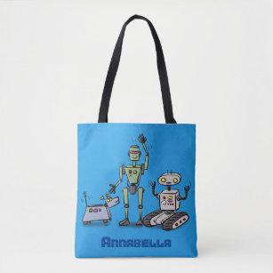 Happy cute robots trio cartoon tote bag