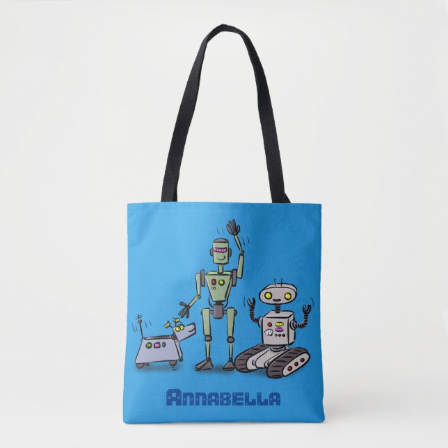 Happy cute robots trio cartoon tote bag (Front)