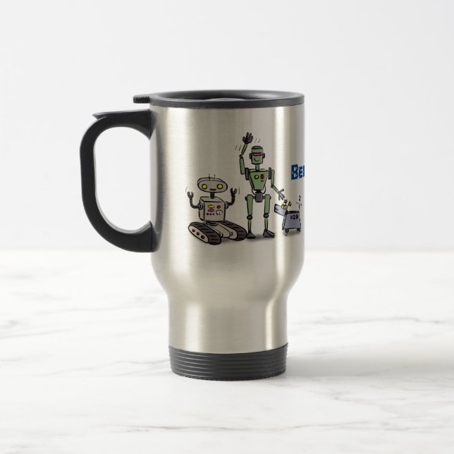 Happy cute robots trio cartoon travel mug (Left)