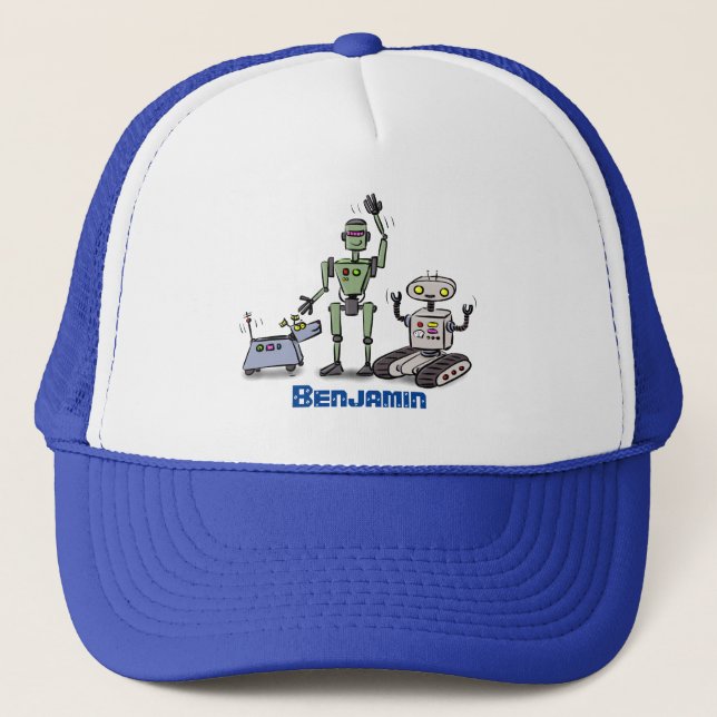 Happy cute robots trio cartoon trucker hat (Front)