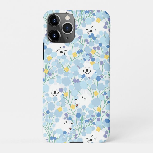 Happy cute samoyed dog in blue floral garden iPhone case (Back)
