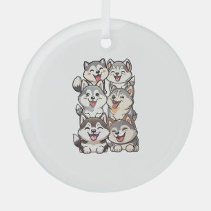 Happy cute Siberian huskies Glass Tree Decoration
