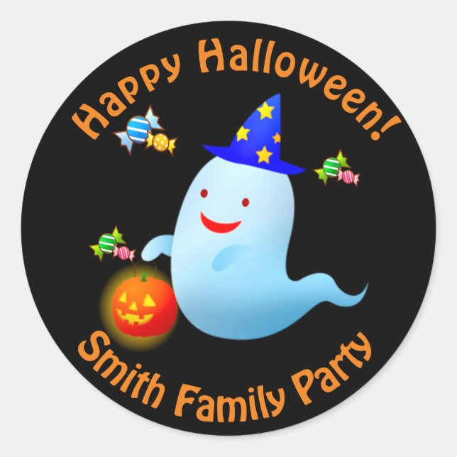 Happy Cute Trick or Treating Halloween Ghost Classic Round Sticker (Front)