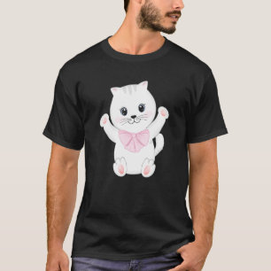Happy Cute White Cat Kitten Animal Pet with Pink R T-Shirt