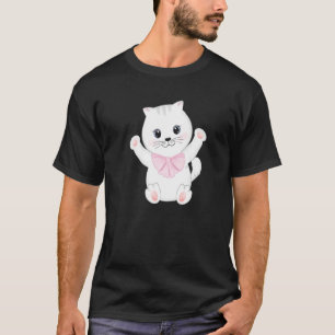 Happy Cute White Cat Kitten Animal Pet with Pink R T-Shirt
