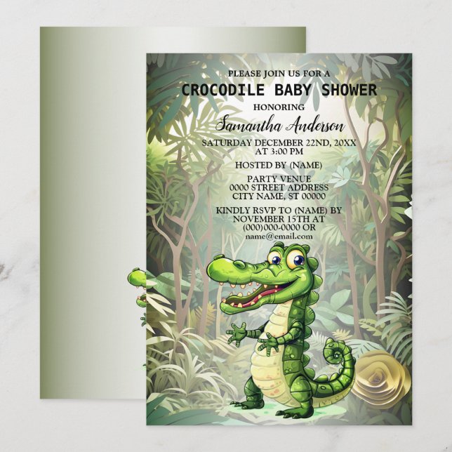 Happy Cute Wild Crocodile Jungle Trees Beautiful Invitation (Front/Back)