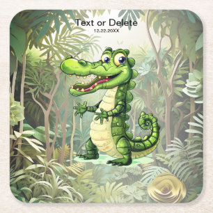 Happy Cute Wild Crocodile Jungle Trees Beautiful Square Paper Coaster