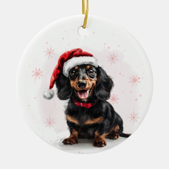 Happy Dachshund Dog Christmas Personalized Ceramic Tree Decoration (Front)