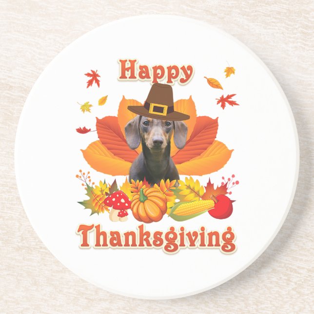 Happy Dachshund Dog Owner Turkey Thanksgiving Coaster (Front)