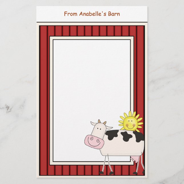 Happy Dairy Cow Barn Red Frame Kids Writing Paper (Front)