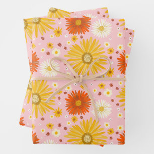 Happy Daisies Colorful 1970s Retro Pattern Wrapping Paper Sheet